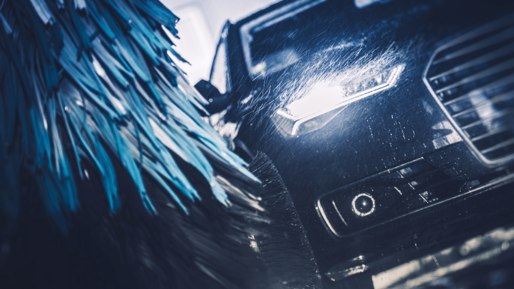A car is being thoroughly cleaned at a car wash, with water and soap spraying over its surface.